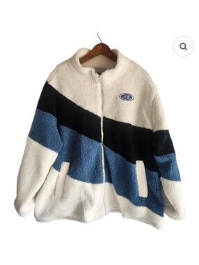 Aelfric Eden Blue White Color Block Zip Teddy Sherpa Fleece Size Large Pockets